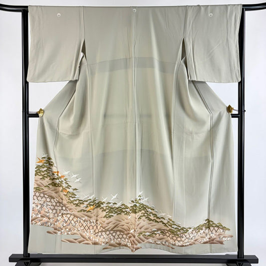 色留袖禮服 身長155cm 袖長64cm M 雙層 仙鶴 松樹 金絲 金銀彩 灰茶 純蠶絲 秀品級 三つ紋
