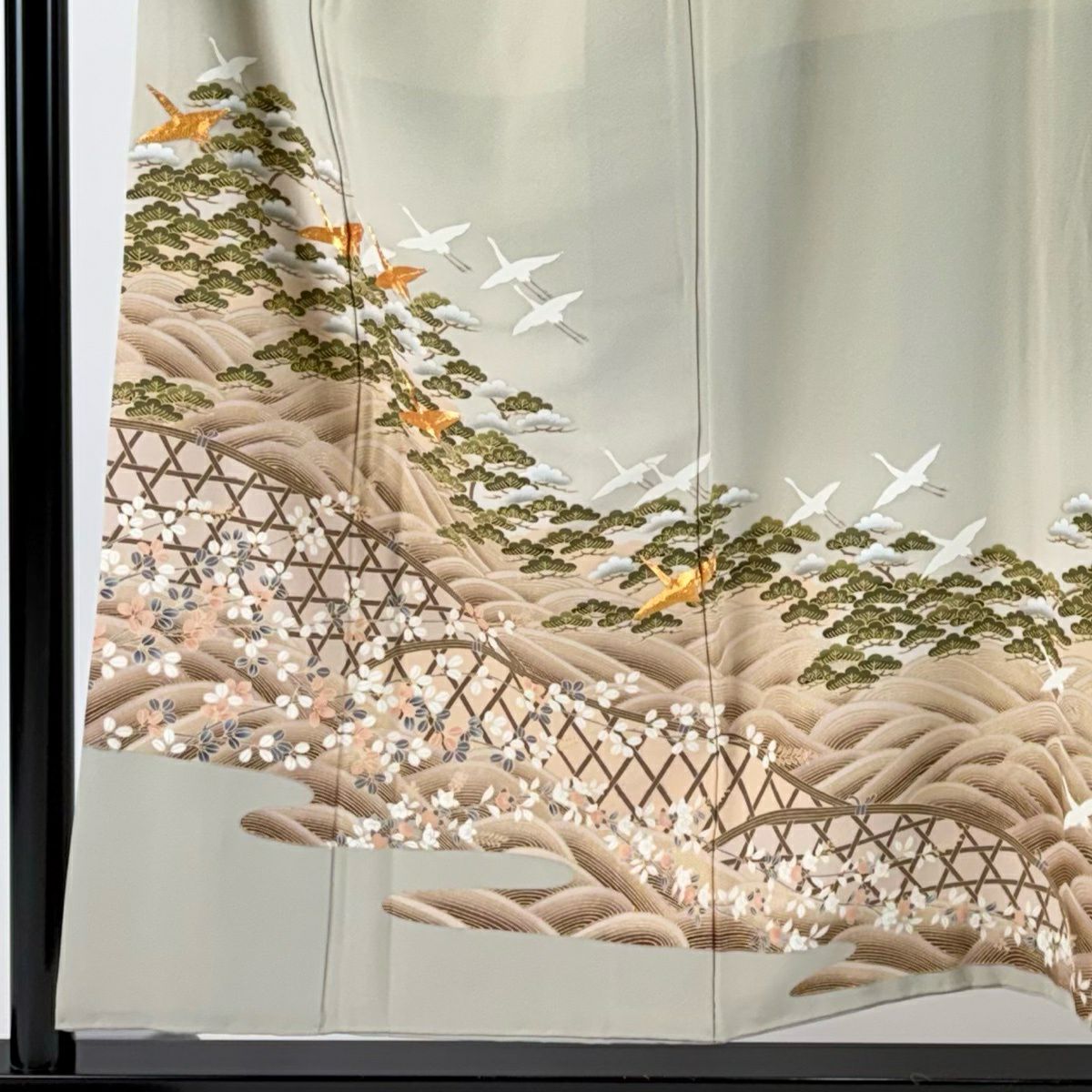 色留袖禮服 身長155cm 袖長64cm M 雙層 仙鶴 松樹 金絲 金銀彩 灰茶 純蠶絲 秀品級 三つ紋