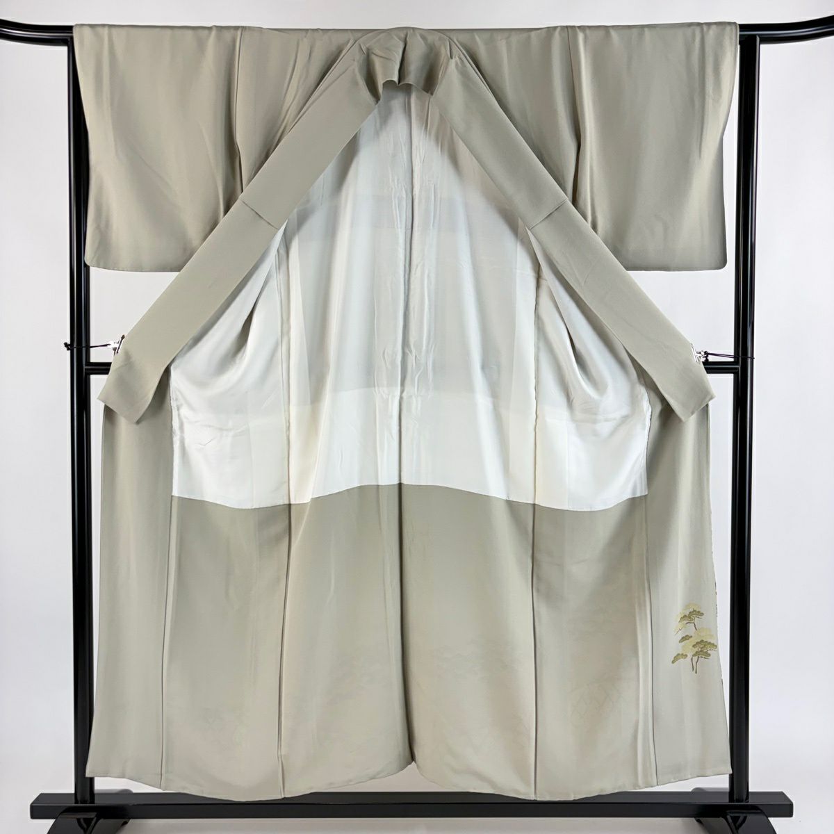 色留袖禮服 身長155cm 袖長64cm M 雙層 仙鶴 松樹 金絲 金銀彩 灰茶 純蠶絲 秀品級 三つ紋