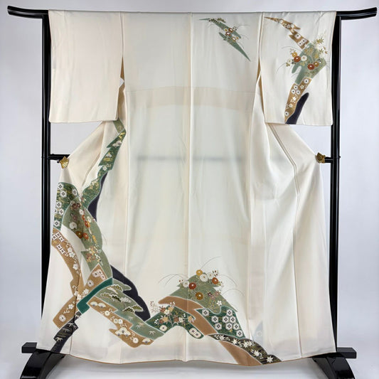 訪問服 身長162.5cm 袖長65cm M 雙層 菊花 梅花 金彩裝飾 染分 Cream 純蠶絲 優品級