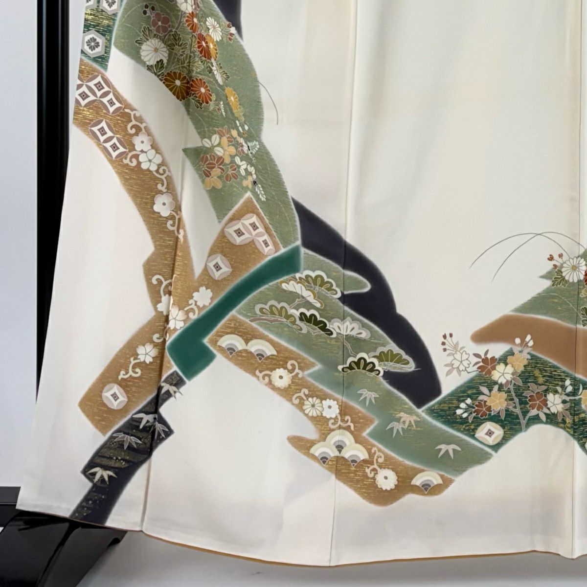 訪問服 身長162.5cm 袖長65cm M 雙層 菊花 梅花 金彩裝飾 染分 Cream 純蠶絲 優品級