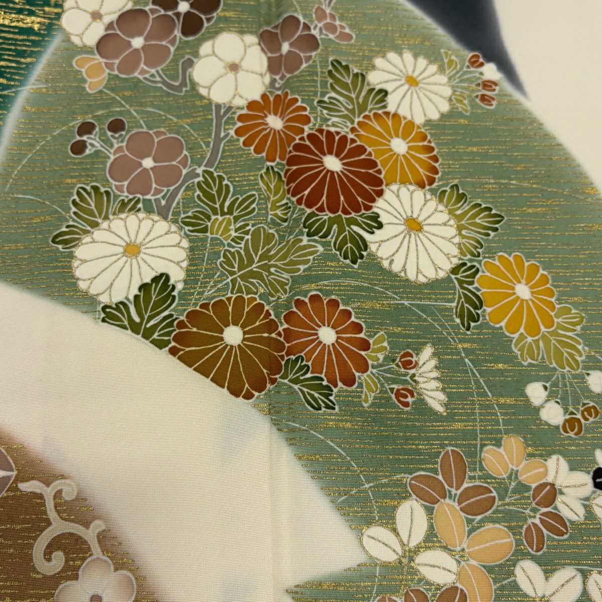 訪問服 身長162.5cm 袖長65cm M 雙層 菊花 梅花 金彩裝飾 染分 Cream 純蠶絲 優品級