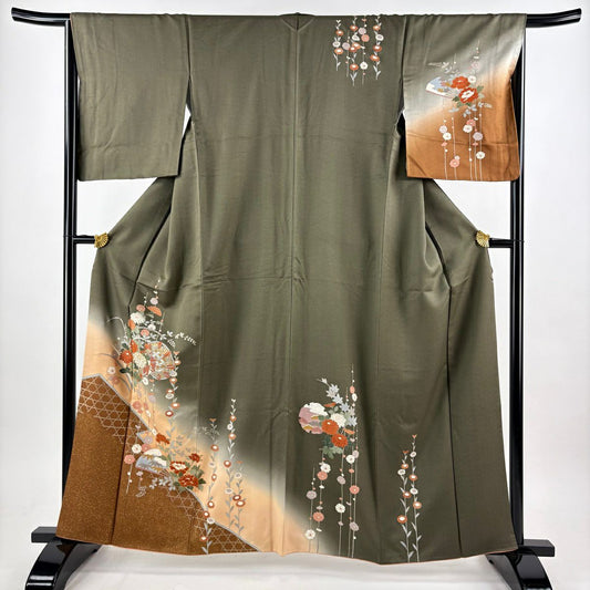 訪問服 身長161.5cm 袖長66cm M 雙層 鼓 菊花 金絲 金銀彩 焦茶 純蠶絲 秀品級