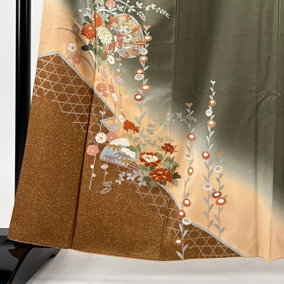 訪問服 身長161.5cm 袖長66cm M 雙層 鼓 菊花 金絲 金銀彩 焦茶 純蠶絲 秀品級