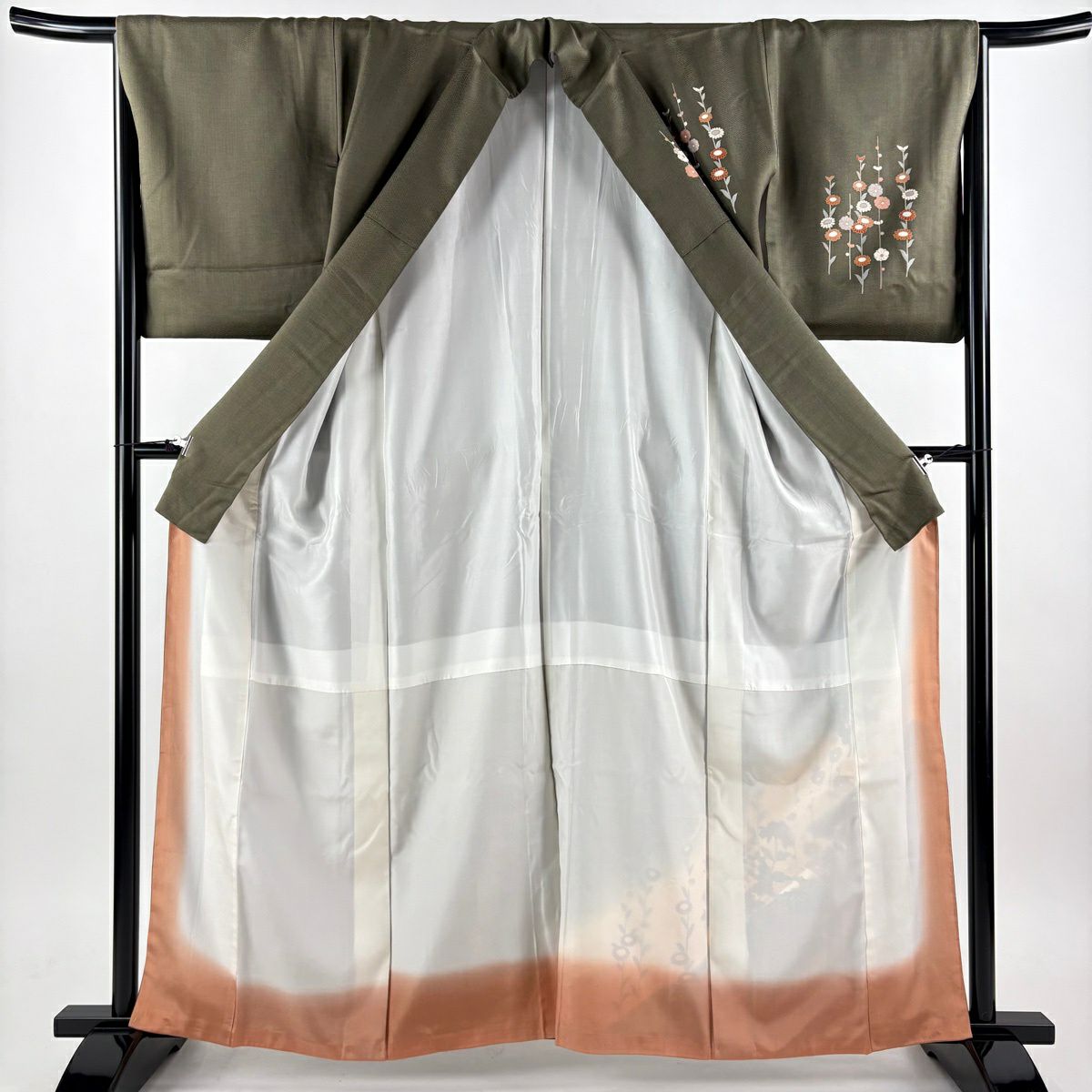 訪問服 身長161.5cm 袖長66cm M 雙層 鼓 菊花 金絲 金銀彩 焦茶 純蠶絲 秀品級