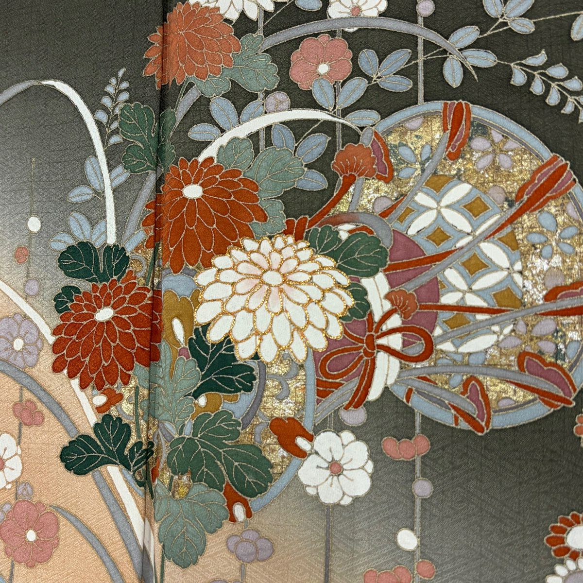 訪問服 身長161.5cm 袖長66cm M 雙層 鼓 菊花 金絲 金銀彩 焦茶 純蠶絲 秀品級