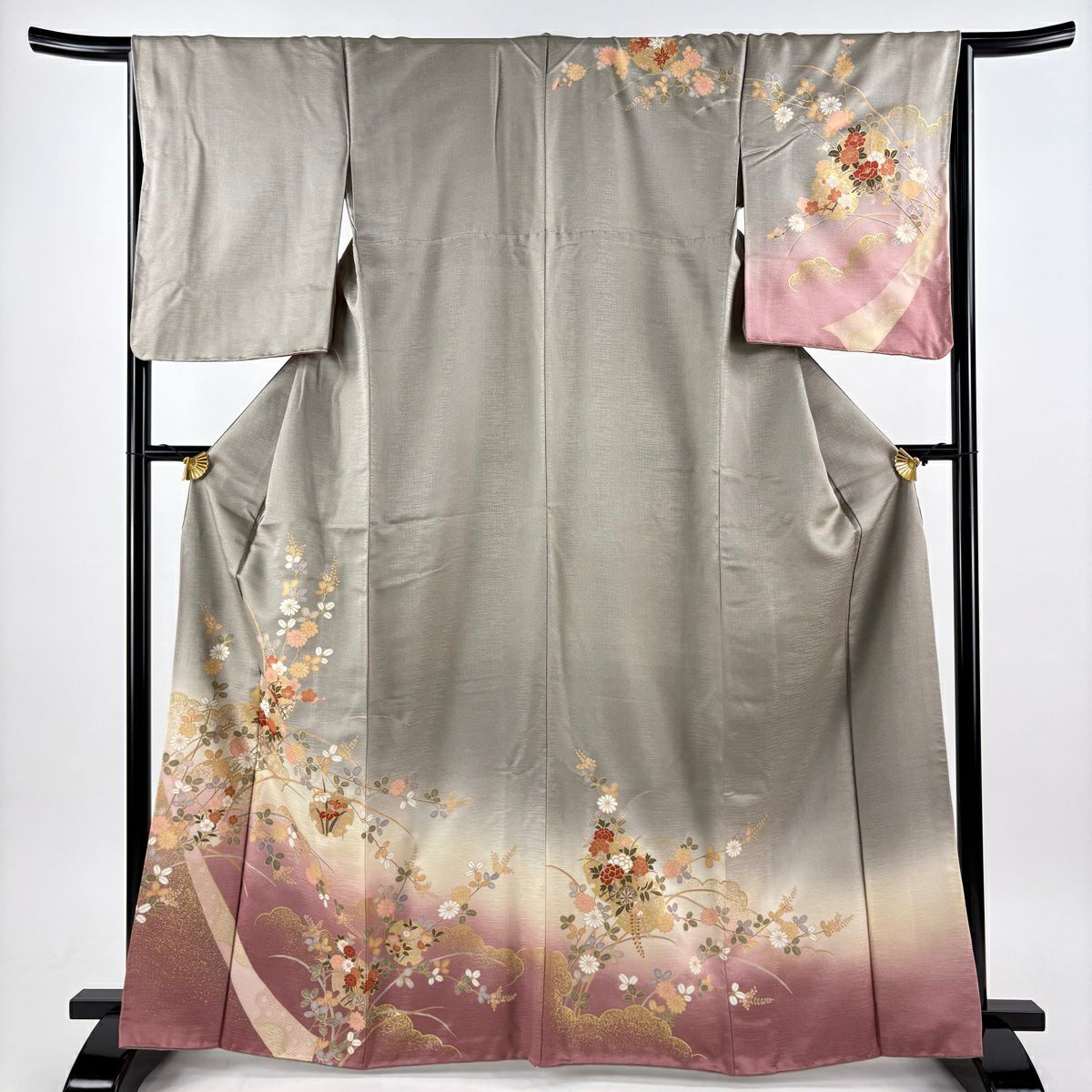 訪問服 身長166cm 袖長67cm M 雙層 花車 雪輪 金彩裝飾 漸層 灰綠 純蠶絲 優品級