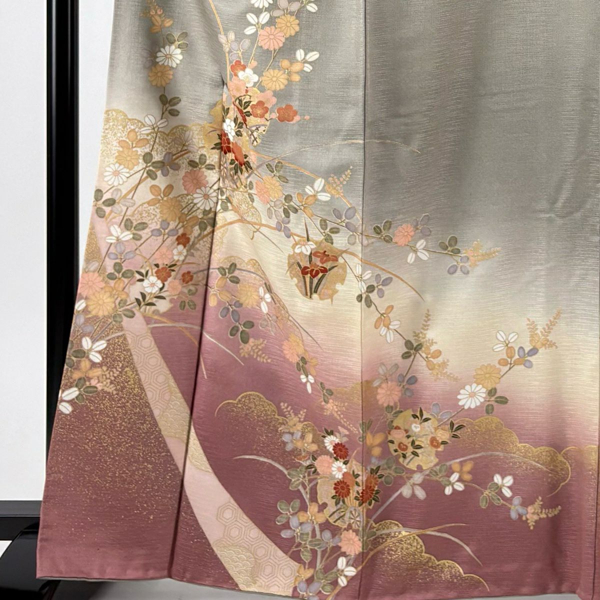 訪問服 身長166cm 袖長67cm M 雙層 花車 雪輪 金彩裝飾 漸層 灰綠 純蠶絲 優品級