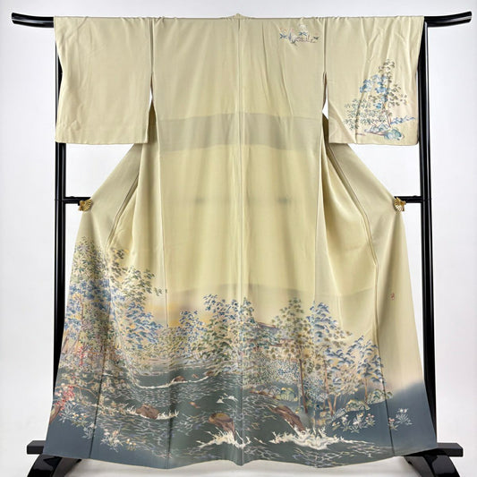 訪問服 身長161.5cm 袖長67cm M 雙層 風景 波 辨染 漸層 灰綠 純蠶絲 秀品級