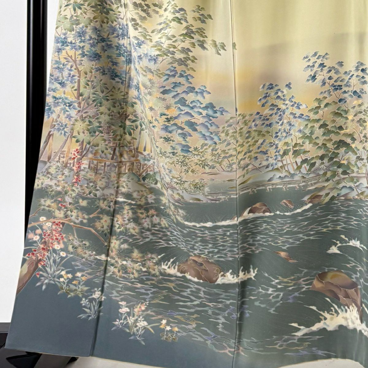 訪問服 身長161.5cm 袖長67cm M 雙層 風景 波 辨染 漸層 灰綠 純蠶絲 秀品級