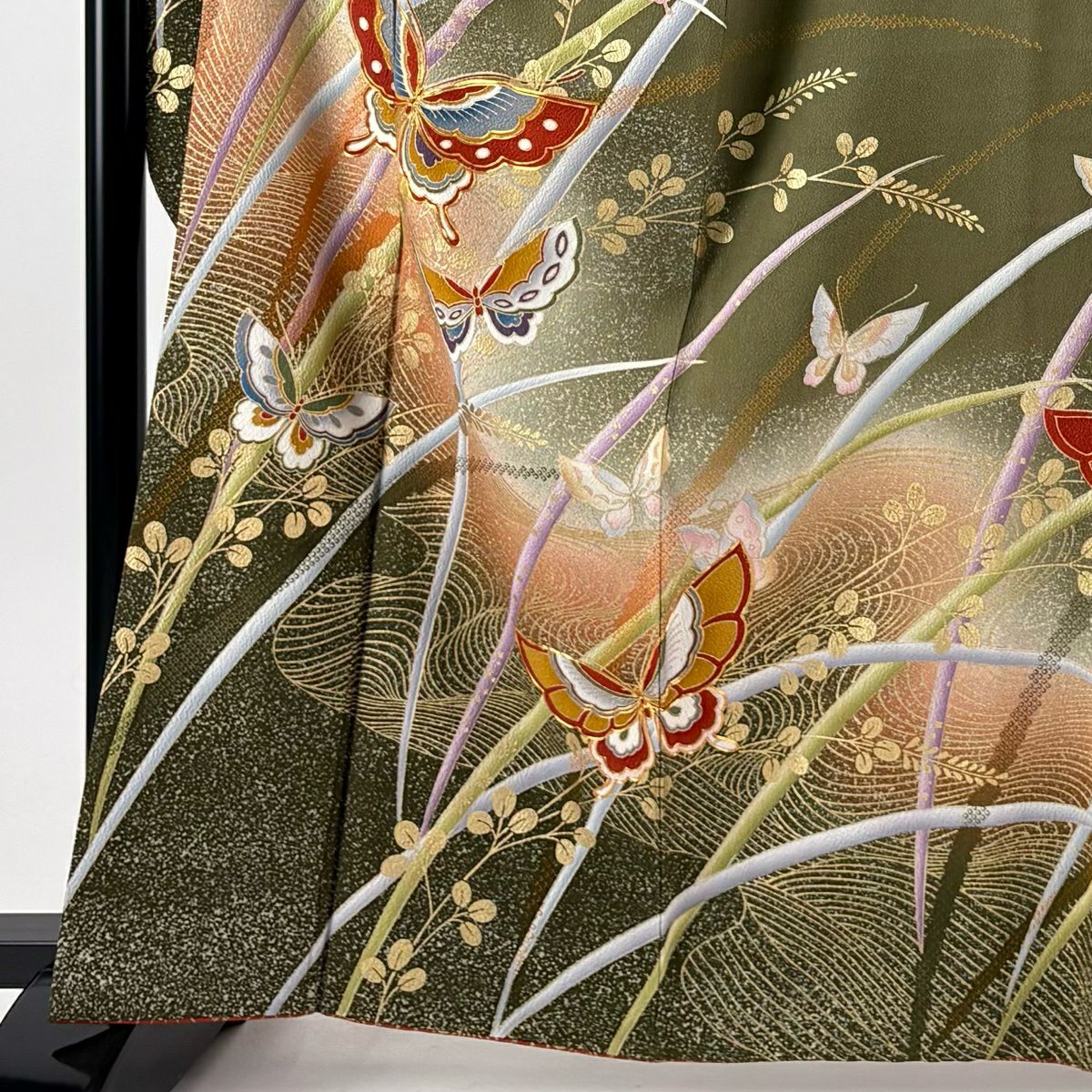 振袖禮服 身長163cm 袖長66cm M 雙層 蝶 萩 金絲 金銀彩 鶯 棉絲 秀品級