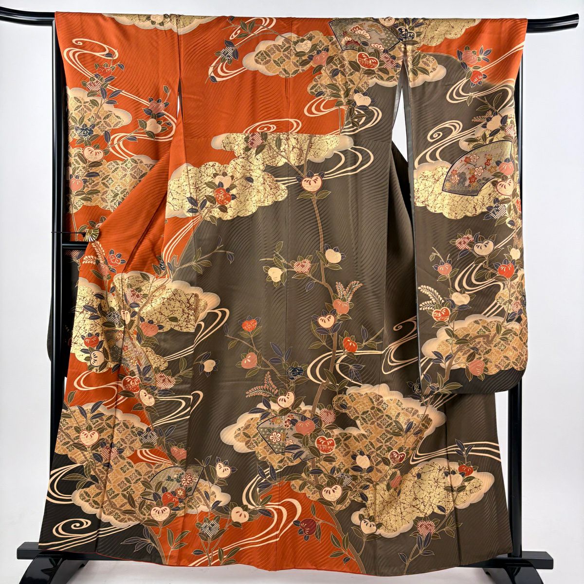 振袖禮服 身長159.5cm 袖長66.5cm M 雙層 扇子面 橘花 金絲 金銀彩 橙色 純蠶絲 秀品級