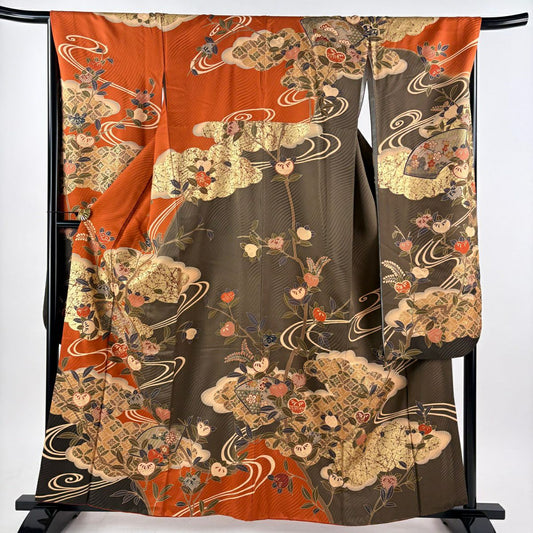 振袖禮服 身長159.5cm 袖長66.5cm M 雙層 扇子面 橘花 金絲 金銀彩 橙色 純蠶絲 秀品級