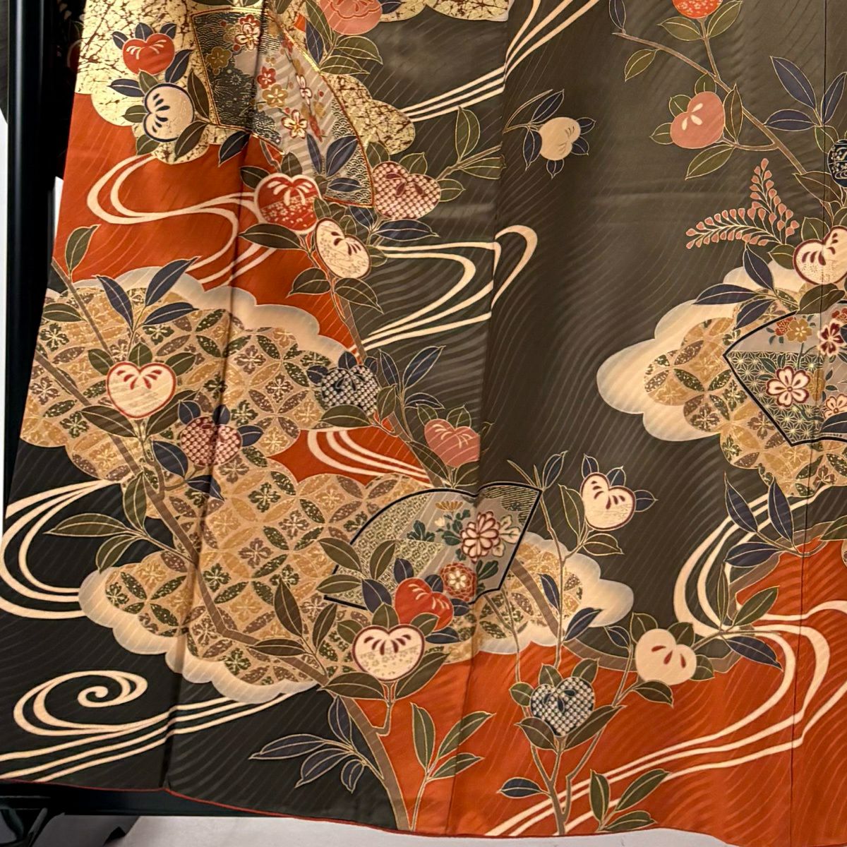 振袖禮服 身長159.5cm 袖長66.5cm M 雙層 扇子面 橘花 金絲 金銀彩 橙色 純蠶絲 秀品級