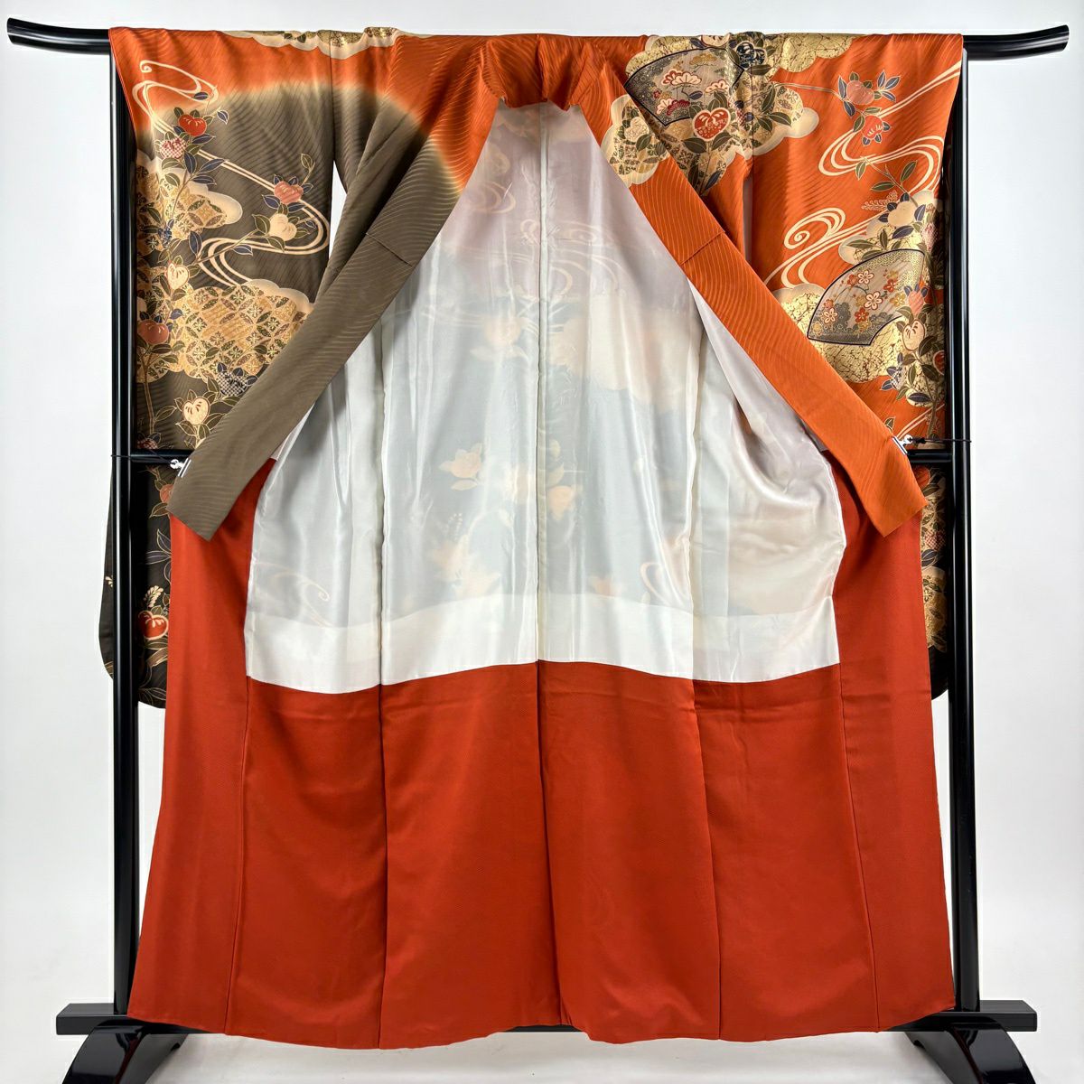 振袖禮服 身長159.5cm 袖長66.5cm M 雙層 扇子面 橘花 金絲 金銀彩 橙色 純蠶絲 秀品級