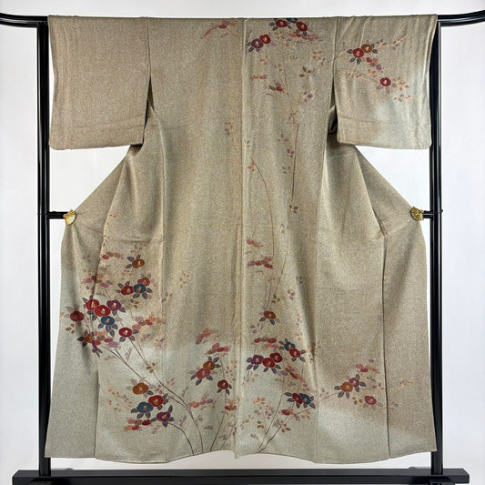 訪問服 身長154cm 袖長65cm M 雙層 椿 萬壽菊花 金彩裝飾 茶 純蠶絲 秀品級