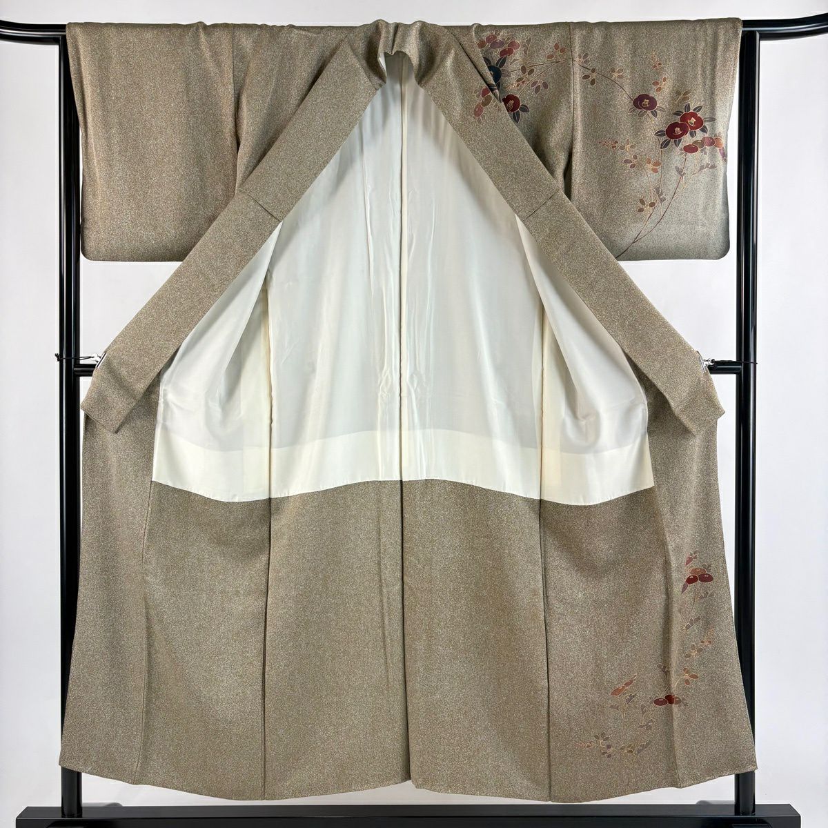 訪問服 身長154cm 袖長65cm M 雙層 椿 萬壽菊花 金彩裝飾 茶 純蠶絲 秀品級
