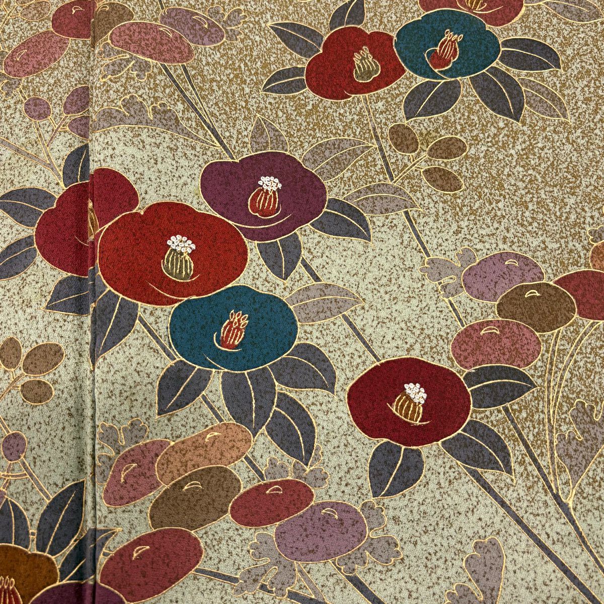 訪問服 身長154cm 袖長65cm M 雙層 椿 萬壽菊花 金彩裝飾 茶 純蠶絲 秀品級