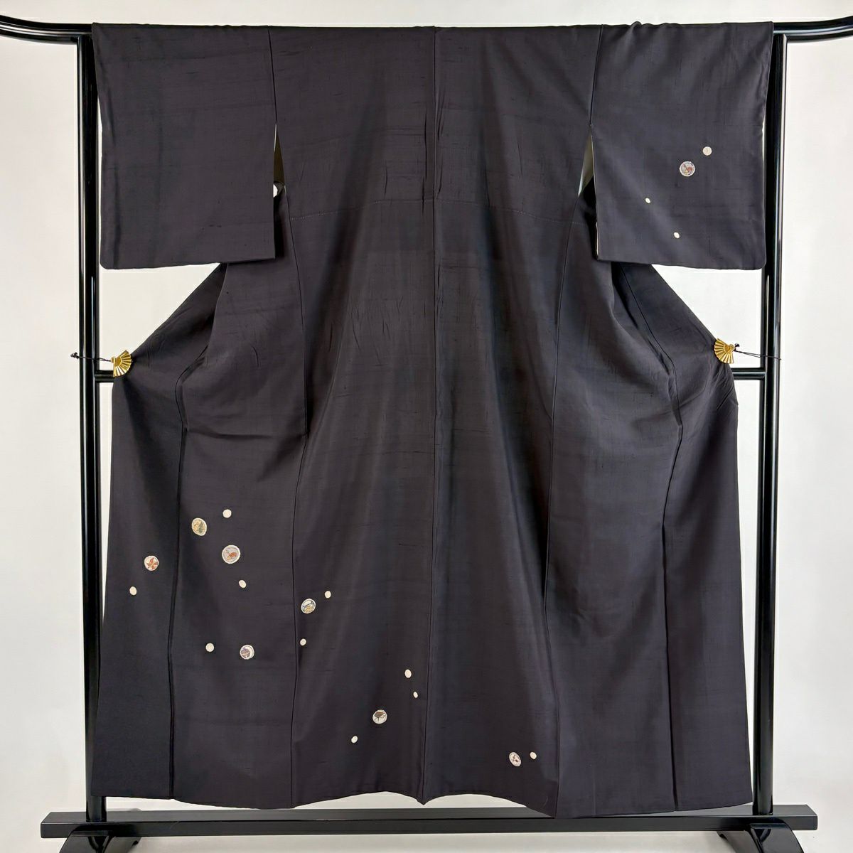 付下 身長156.5cm 袖長64cm M 雙層 紬織織 瓢箪 鈴 墨 黑 純蠶絲 優品級