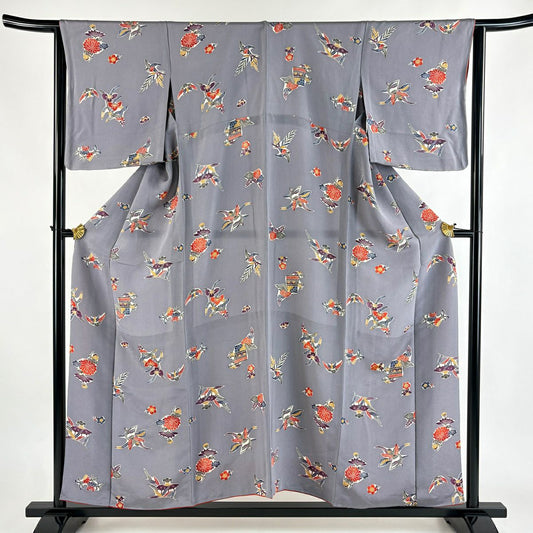 小紋 身長155cm 袖長65cm M 雙層 胴抜 花鳥 建物 縮緬 灰紫 純蠶絲 秀品級