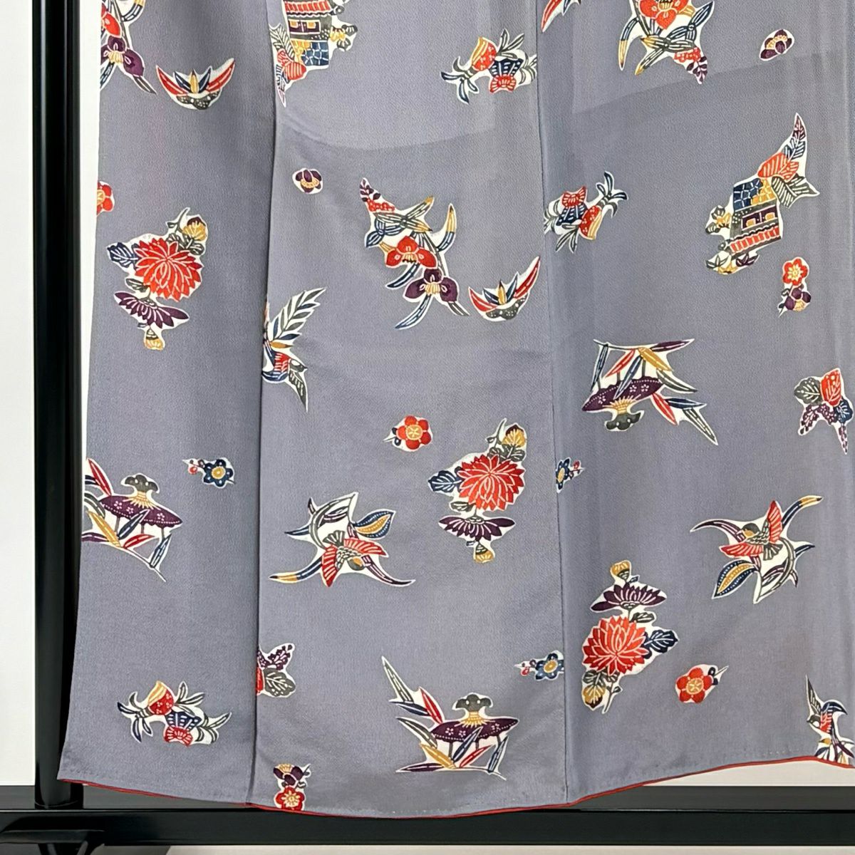 小紋 身長155cm 袖長65cm M 雙層 胴抜 花鳥 建物 縮緬 灰紫 純蠶絲 秀品級