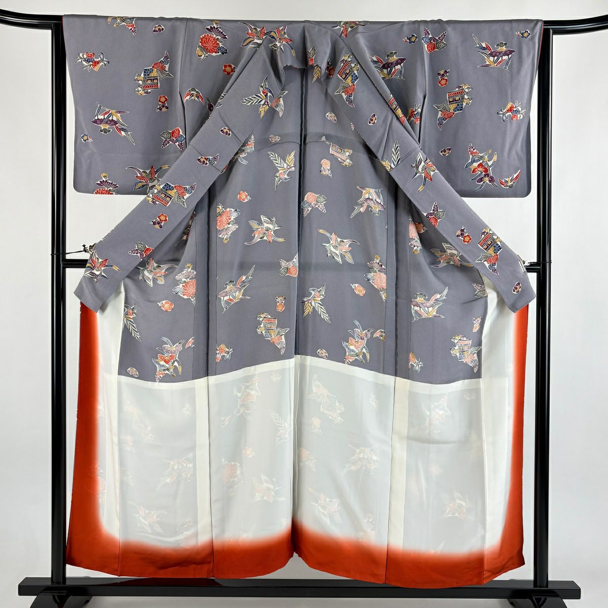 小紋 身長155cm 袖長65cm M 雙層 胴抜 花鳥 建物 縮緬 灰紫 純蠶絲 秀品級