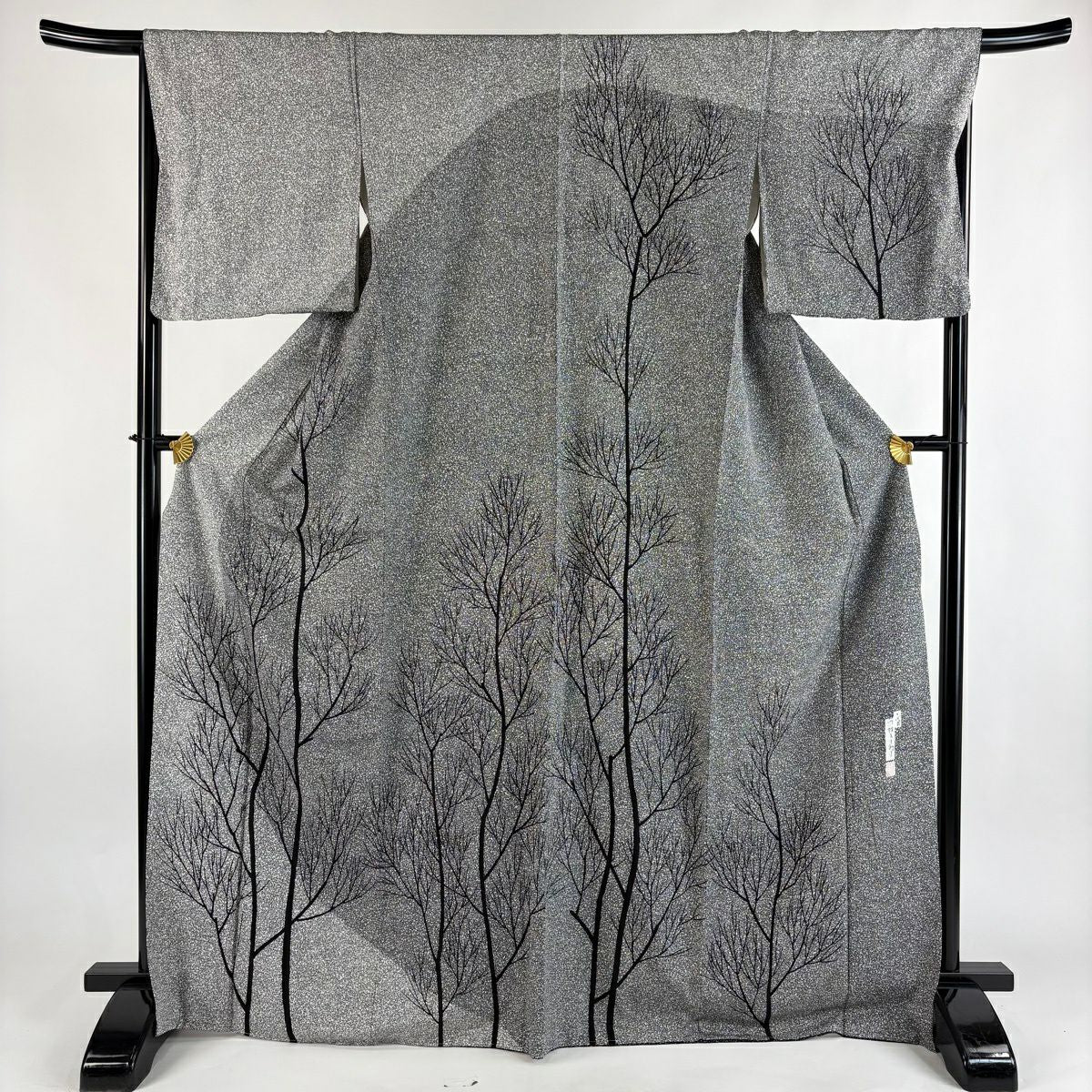 【美品】訪問服 身長169cm 袖長67cm M 雙層 川村久太郎 落款あり 樹木 黑 純蠶絲 秀品級