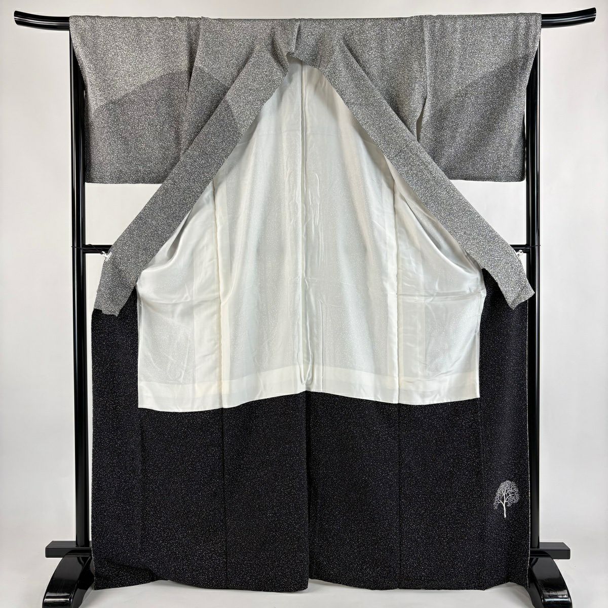 【美品】訪問服 身長169cm 袖長67cm M 雙層 川村久太郎 落款あり 樹木 黑 純蠶絲 秀品級