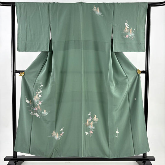 付下 身長154.5cm 袖長63cm S 雙層 落款あり 若松樹 枝花 綠 純蠶絲 秀品級