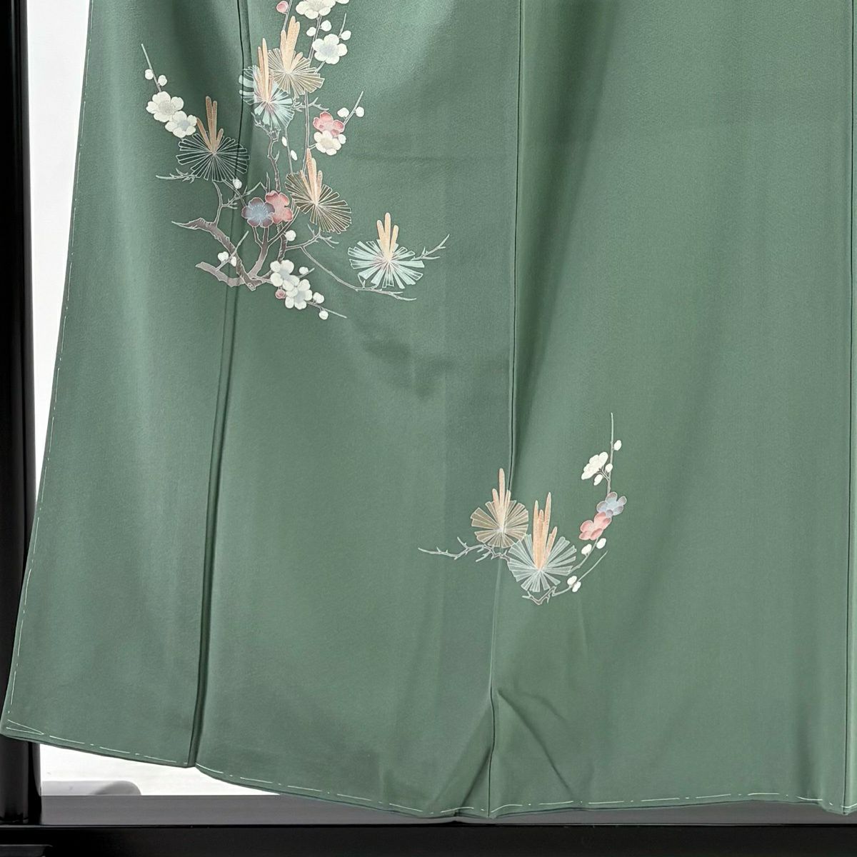 付下 身長154.5cm 袖長63cm S 雙層 落款あり 若松樹 枝花 綠 純蠶絲 秀品級