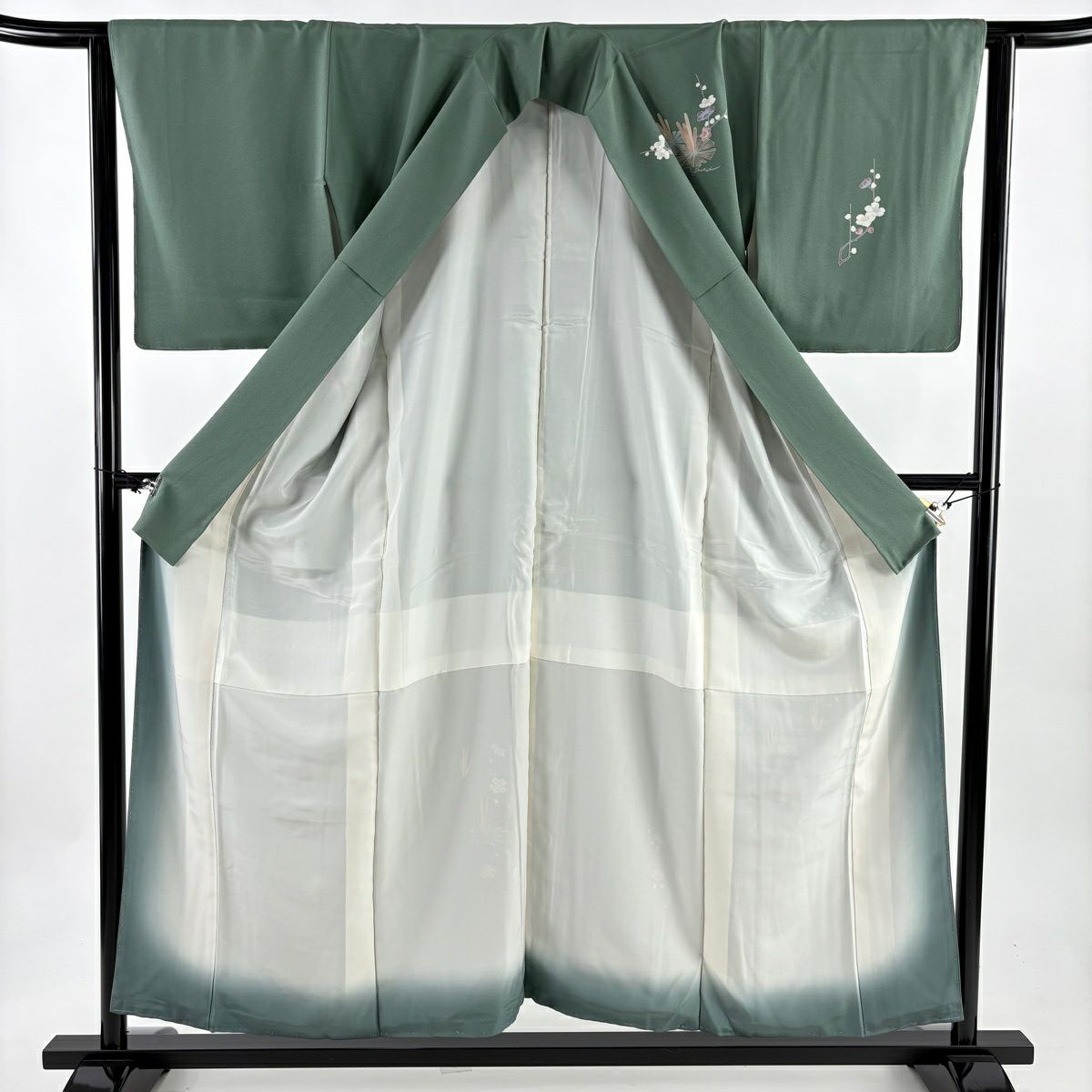 付下 身長154.5cm 袖長63cm S 雙層 落款あり 若松樹 枝花 綠 純蠶絲 秀品級