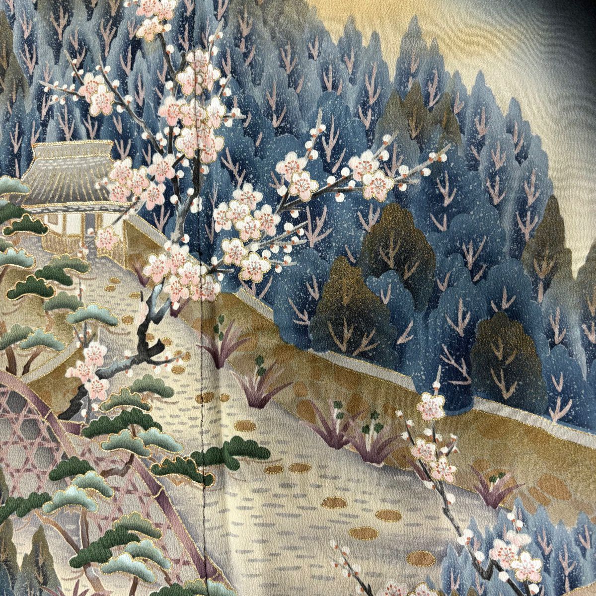 黑留袖禮服 身長154.5cm 袖長64cm M 雙層 落款あり 家屋 松樹竹子梅花 金銀彩 金絲 黑 純蠶絲 秀品級