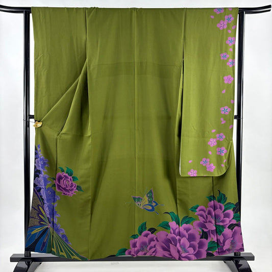 振袖禮服 身長156cm 袖長63cm S 雙層 薔薇 蝶 茶綠 純蠶絲 秀品級