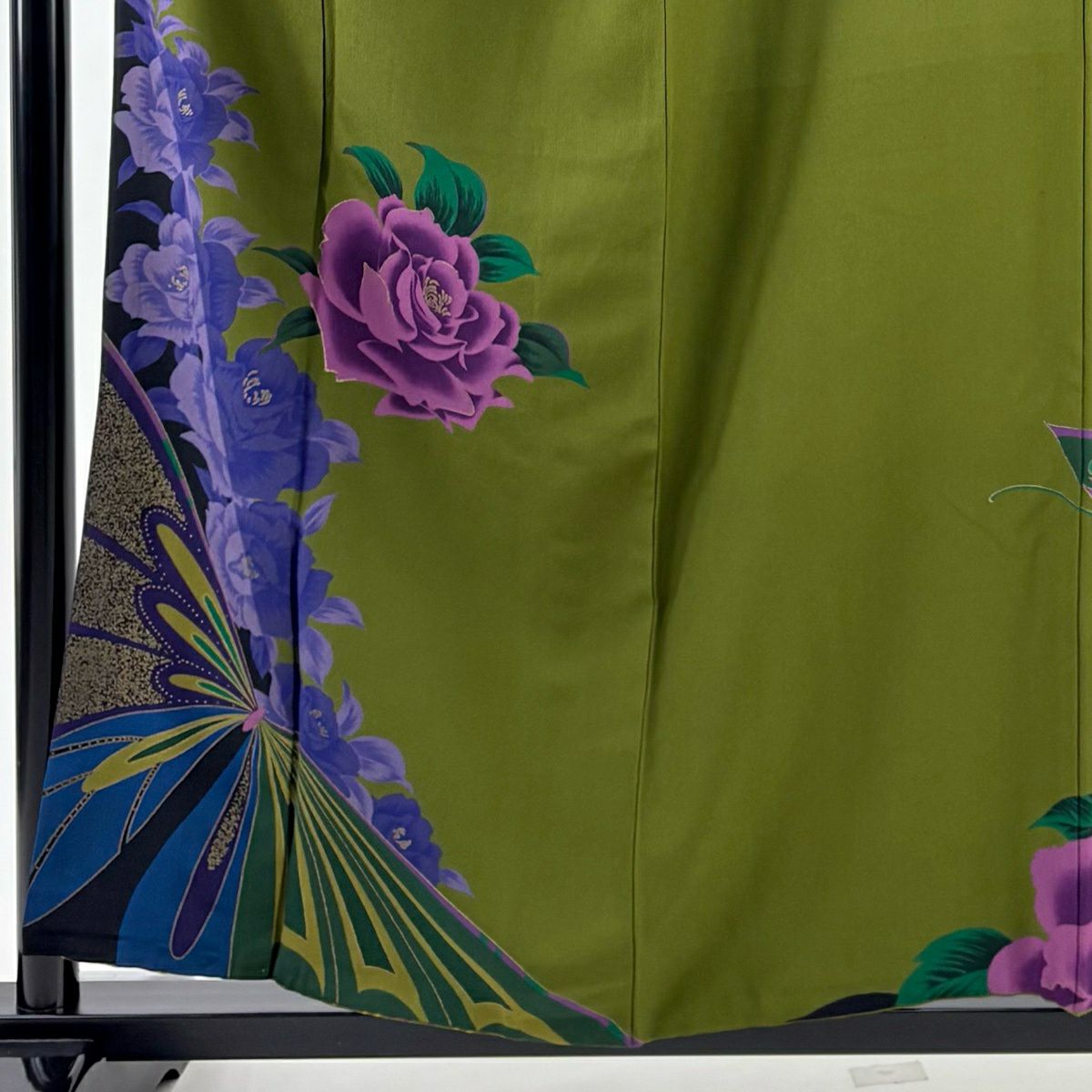 振袖禮服 身長156cm 袖長63cm S 雙層 薔薇 蝶 茶綠 純蠶絲 秀品級
