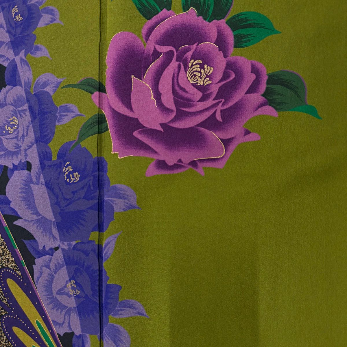 振袖禮服 身長156cm 袖長63cm S 雙層 薔薇 蝶 茶綠 純蠶絲 秀品級