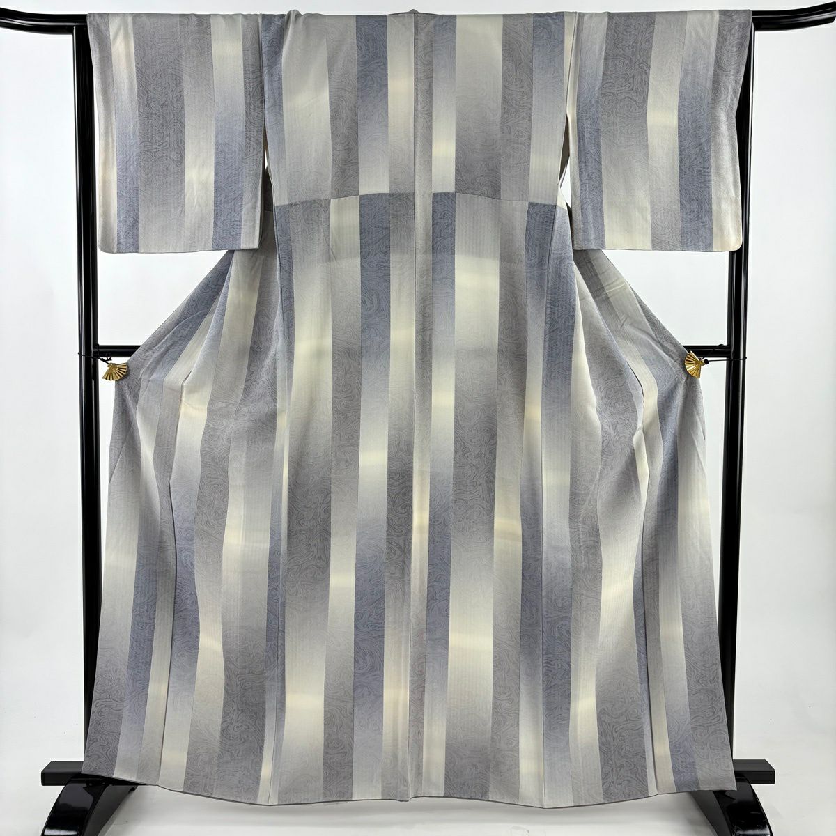 【美品】 小紋 身長163cm 袖長65cm M 雙層 墨流し 縱條 逐漸變色 灰色 純蠶絲 秀品級