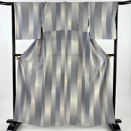 【美品】 小紋 身長163cm 袖長65cm M 雙層 墨流し 縱條 逐漸變色 灰色 純蠶絲 秀品級