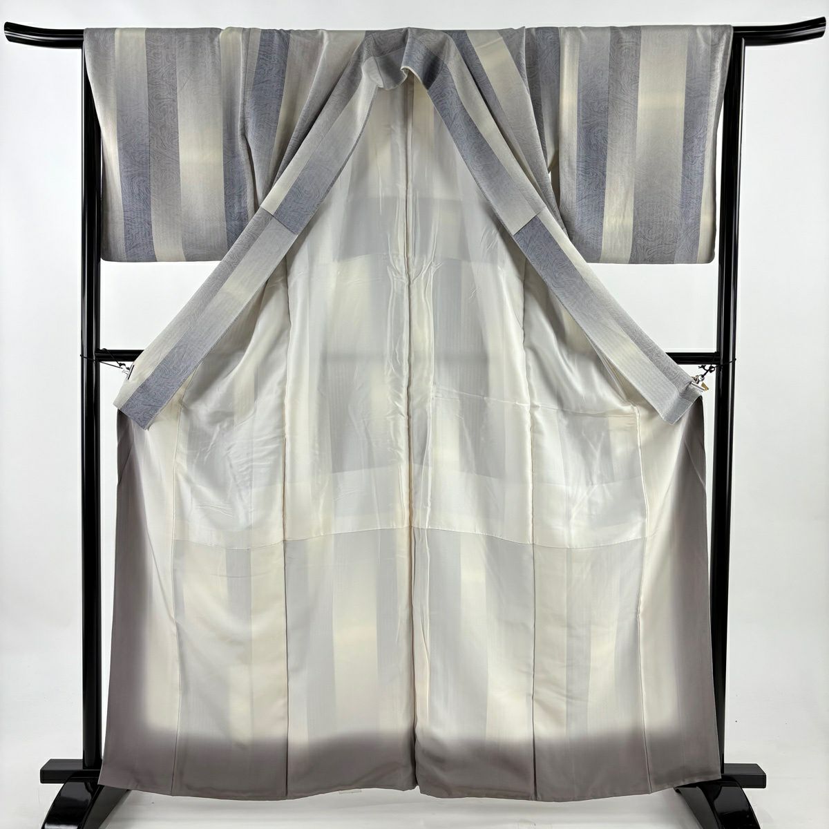【美品】 小紋 身長163cm 袖長65cm M 雙層 墨流し 縱條 逐漸變色 灰色 純蠶絲 秀品級