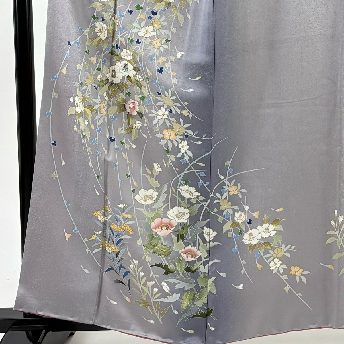 訪問服 身長160cm 袖長64.5cm M 雙層 落款あり 椿 金銀彩 螺鈿 灰紫 純蠶絲 秀品級