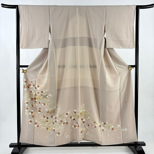 色留袖禮服 身長155.5cm 袖長64.5cm M 雙層 落款あり 仙鶴 櫻花 金銀彩 粉米色 純蠶絲 秀品級 一つ紋