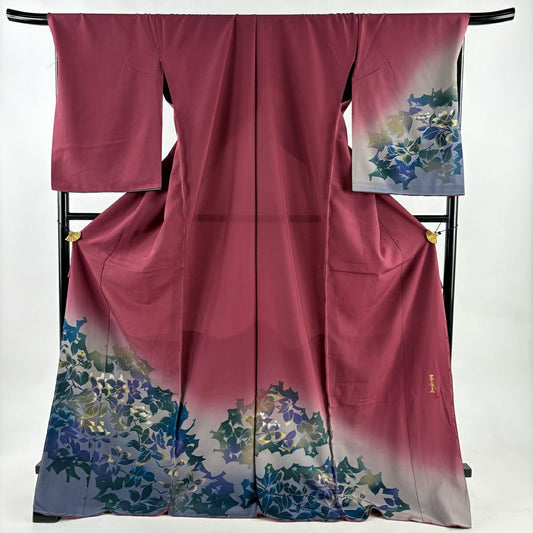 【美品】 付下 身長177.5cm 袖長70.5cm 未仕立 單層 落款あり 草花紋紋 金銀彩 漸層 紅紫 純蠶絲 優品級