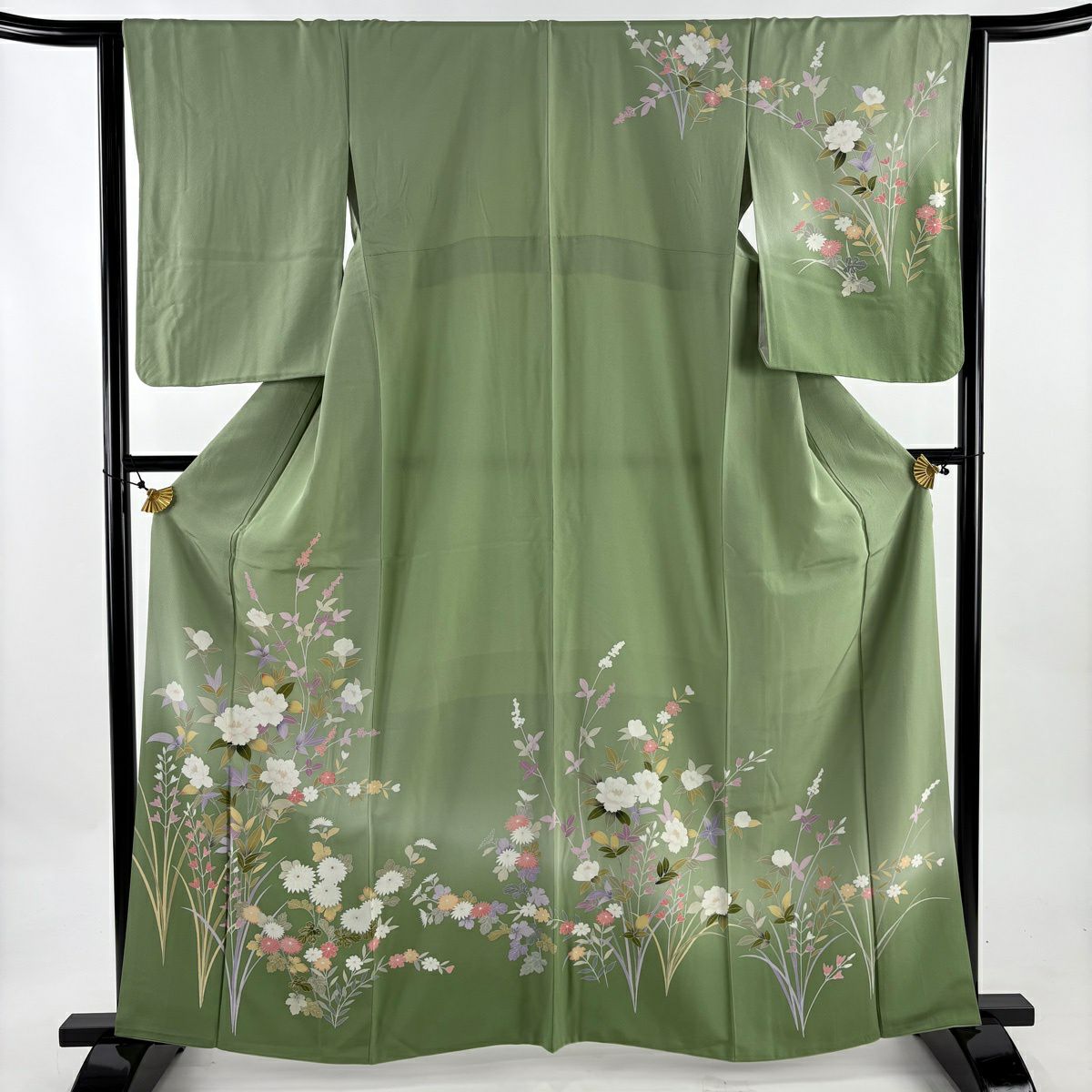 【美品】訪問服 身長161.5cm 袖長63.5cm S 雙層 ますいわ屋 草花紋紋 染分 ぼかし 蓬色 純蠶絲 秀品級