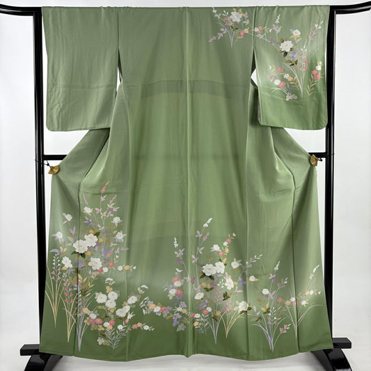 【美品】訪問服 身長161.5cm 袖長63.5cm S 雙層 ますいわ屋 草花紋紋 染分 ぼかし 蓬色 純蠶絲 秀品級
