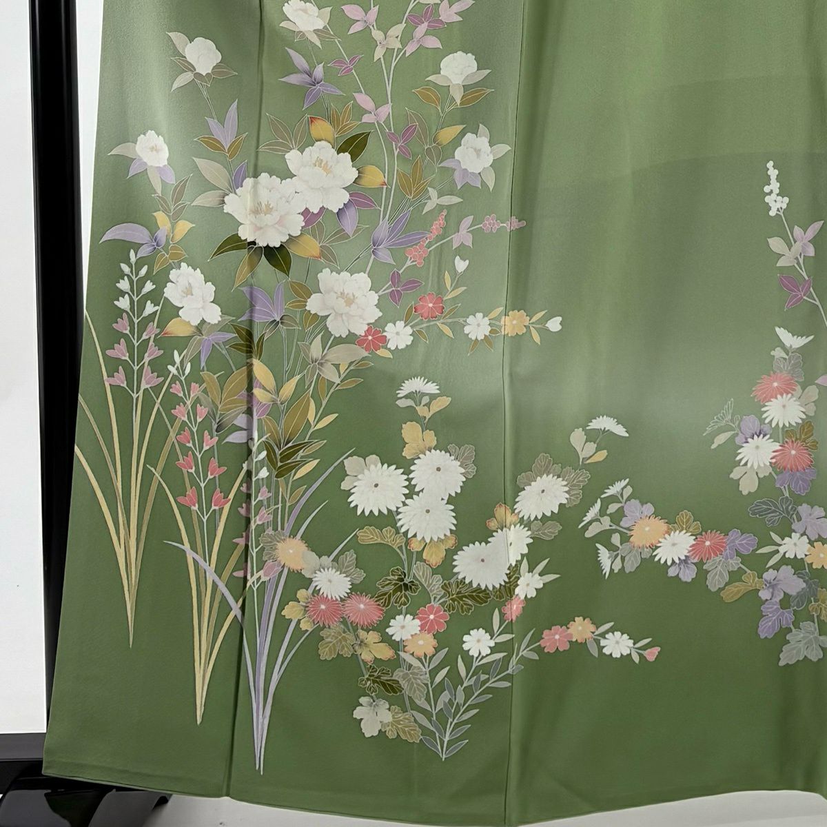 【美品】訪問服 身長161.5cm 袖長63.5cm S 雙層 ますいわ屋 草花紋紋 染分 ぼかし 蓬色 純蠶絲 秀品級