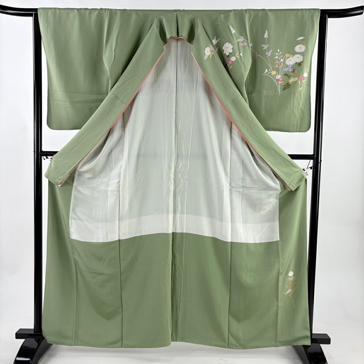 【美品】訪問服 身長161.5cm 袖長63.5cm S 雙層 ますいわ屋 草花紋紋 染分 ぼかし 蓬色 純蠶絲 秀品級