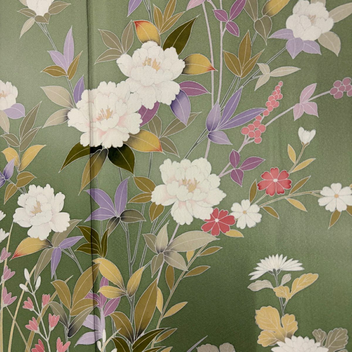 【美品】訪問服 身長161.5cm 袖長63.5cm S 雙層 ますいわ屋 草花紋紋 染分 ぼかし 蓬色 純蠶絲 秀品級