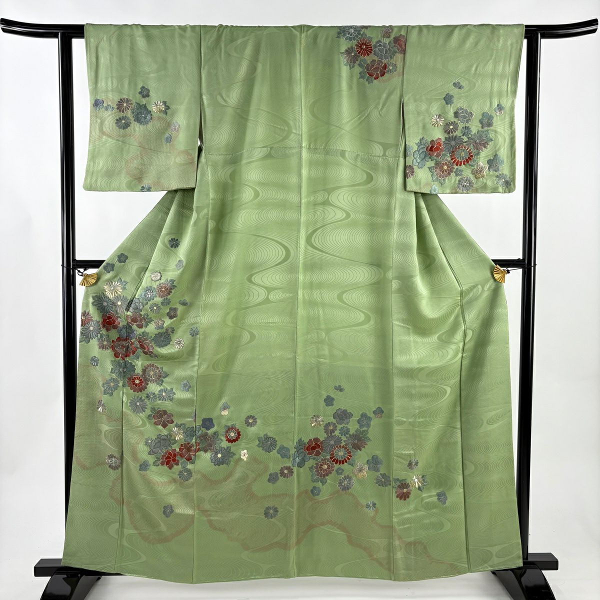 訪問服 身長160.5cm 袖長61.5cm S 雙層 菊花 流水 刺繡 金銀彩 艾草 經典純蠶絲 優品級 一つ紋