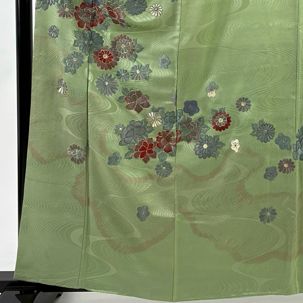 訪問服 身長160.5cm 袖長61.5cm S 雙層 菊花 流水 刺繡 金銀彩 艾草 經典純蠶絲 優品級 一つ紋