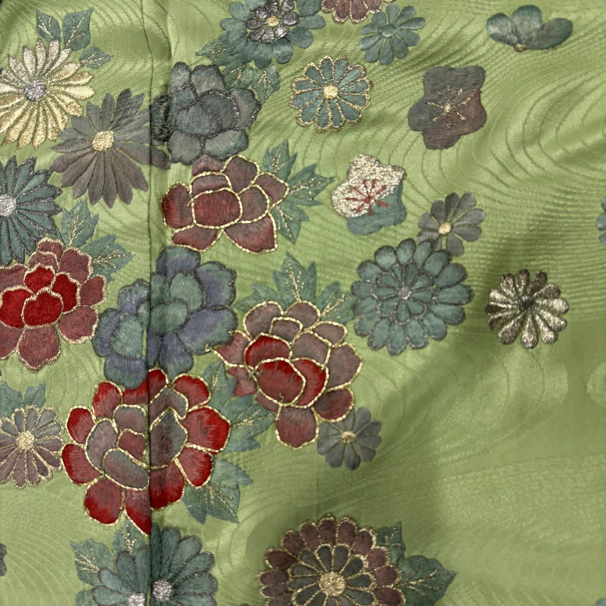 訪問服 身長160.5cm 袖長61.5cm S 雙層 菊花 流水 刺繡 金銀彩 艾草 經典純蠶絲 優品級 一つ紋