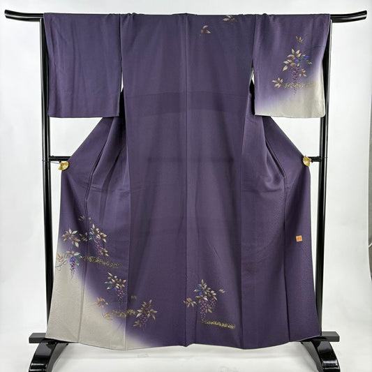 【美品】 付下 身長160.5cm 袖長67cm M 雙層 大和 落款 藤 霞 金銀彩 漸層 紫 純蠶絲 優品級